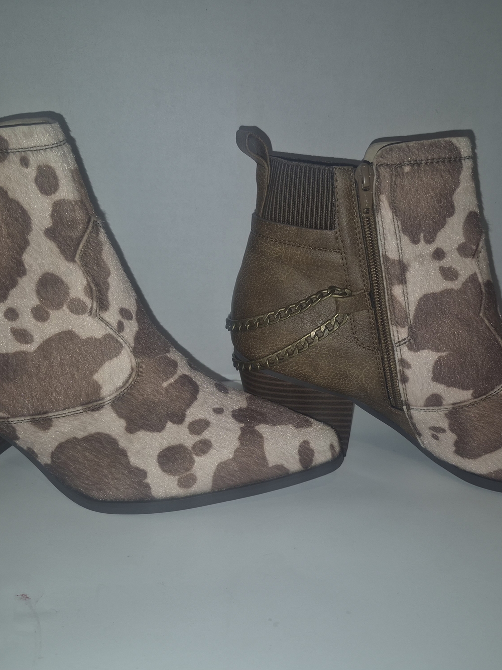 Cowhide-Print Ankle Booties with Chain Detail - Brown